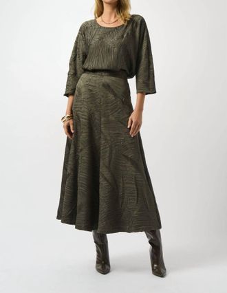 Joseph Ribkoff Pleated Satin Long Flared Skirt In Avocado