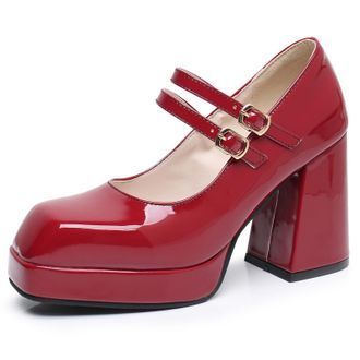 Generic MiaZane Womens Court Shoes Chunky Block Heel Double Buckle Square Toe Mary Jane Work Pumps Office Commuting Shoes for Daily Wear and City Walking Wide