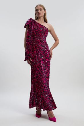 Karen Millen Womens Velvet Sequin One Shoulder Woven Maxi Dress - Purple - Size 8 UK