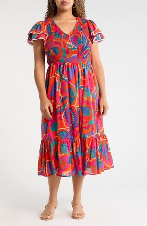 Sugarlips Ranchero Sunfire Floral Tiered Midi Dress in Red-Multi at Nordstrom, Size 1 X