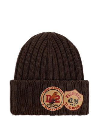 Dsquared2 ribbed-knit logo-patch beanie - men - Wool - One Size - Brown