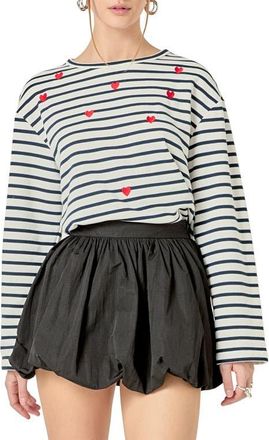 English Factory Heart Embroidered Stripe Cotton Top in White/Navy at Nordstrom, Size X-Small