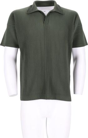 Homme Pliss&eacute; Issey Miyake Pleated Boxy Green Polyester Polo Shirt