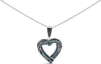 House of Brilliance 925 Sterling Silver 1.00 Cttw Baguette and Round Blue Diamond Open Heart Pendant Necklace at Nordstrom