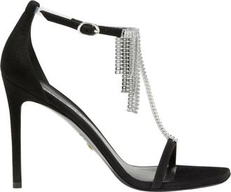 Stuart Weitzman Opulente T-Strap Sandaal met Kristallen Franjes - Dames - Sandalen met hakken - Zwart - 38 1/2 EU - Su&egrave;de - Schoenen