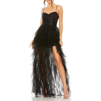 Mac Duggal Ruffle High Low Tiered Train Sequin Mini Dress in Black at Nordstrom, Size 10