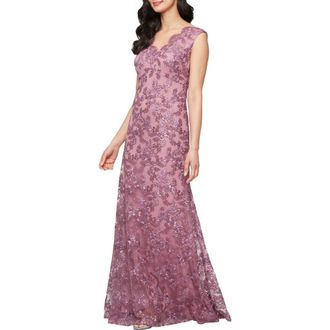 Alex Evenings Embroidered Scalloped Sleeveless Gown in Dark Mauve at Nordstrom Rack, Size 12