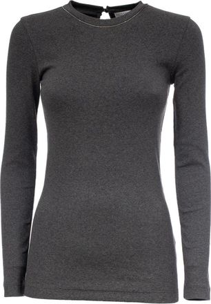 Brunello Cucinelli Katoenen T-shirt met Juweeldetails - Dames - Longsleeves - Grijs - M - Katoen - Tops