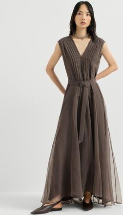 Brunello Cucinelli Crispy silk belted dress with pleated detail and precious strap in Brown at Nordstrom, Size Xx-Small