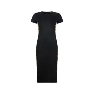 Roberto Cavalli Midi Dresses, female, Black, Size: 2XS Midi Dress With Leopard Print Panels