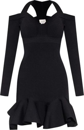 Alexander McQueen Uitlopende Geribbelde Jurk met Ruches - Dames - Korte kleedjes - Zwart - XS - Polyester - Kleedjes