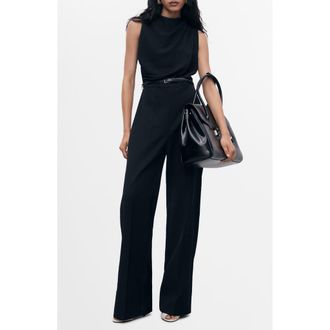 Mango Drape Belted Wide Leg Jumpsuit in Black at Nordstrom Rack, Size Large