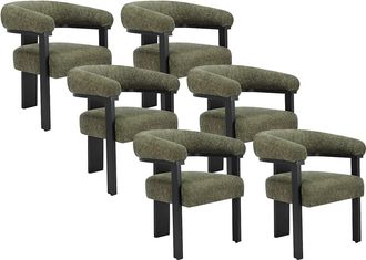 Vente-Unique Conjunto de 6 sillas con reposabrazos en tela boucl&eacute; y madera de hevea - Verde caqui y negro - LIVELIA de Pascal MORABITO