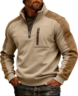 Generic Mens Patchwork Stand Collar 1/4 Zip Up Sweatshirts with Pocket, Casual Trendy Long Sleeve Jumpers for Men Fall and Winter Outdoors Lightweight Cosy Pu