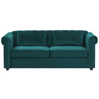 Beliani Sof&aacute; Cama Chesterfield Tapizado En Terciopelo Verde Patas De Madera Oscura 3 Plazas Con Colch&oacute;n Incorporado Chesterfield