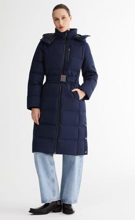 Orolay Celeste Long Hooded Belted Down Coat in Navy at Nordstrom, Size X-Large