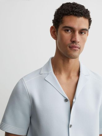 Reiss Soft Blue Stitch-detail Cuban-collar Knit Shirt, 2XL