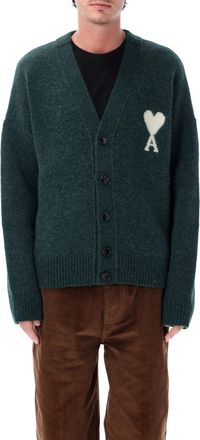 Ami V-Neck Alpaca Cardigan with Distinctive Intarsia Logo