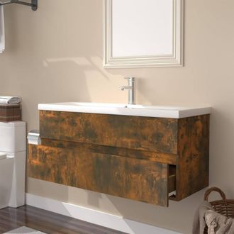 Berkfield Home Sink Cabinet with Built-in Basin Smoked Oak Engineered Wood in Brown