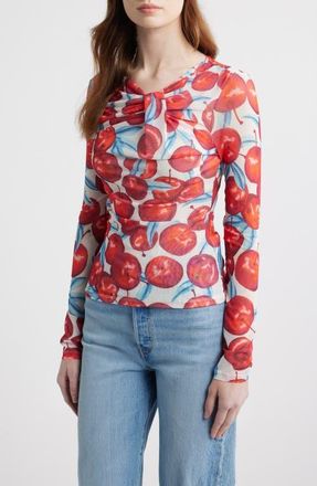 Farm Rio Cheery Tulle Long Sleeve Top in Red Multi at Nordstrom, Size Xx-Small