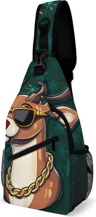 Generic Deer with Gold Chain And Glasses Unisex Shoulder Bags Casual Crossbody Chest Bag Sling Backpack for Hiking Cycling Travel