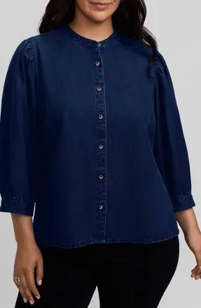 Foxcroft Helsa Puff Sleeve Denim Shirt in Medium Wash at Nordstrom, Size 1X