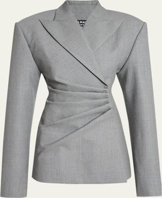 Balmain Strong-Shoulder Draped Mini Blazer Dress
