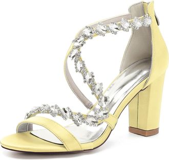 Generic Womens Open Toe Block Heel Sandals Bridal Crystal Wedding Dress Shoes Ankle Strap Prom Party Wedding Pump Sandals 8.5Cm,Yellow,10 UK