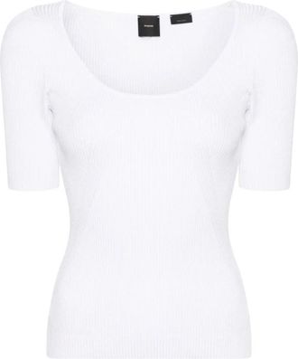 Pinko Ribbed Ronde Hals T-shirt - Dames - Ronde hals truien - Wit - XS - Nylon - Truien & Vesten