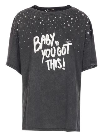 Liu Jo embellished printed T-shirt - women - Cotton - M - Grey