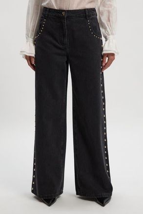 Karen Millen Denim Studded Wide Leg Jeans in Black at Nordstrom, Size 12