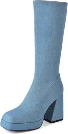 Generic Womens Knee-High Denim Fabric Boots Square Toe Side Zipper Thick Platform Chunky Block Heels Reinforced Stitching Durable Design,Light Blue,3.5 UK