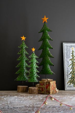 Kalalou Set Of Three Recycled Metal Christmas Trees On Wood Bases