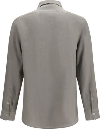 Brunello Cucinelli Mens Easy-Fit Linen Shirt With Chest Pockets Kaki