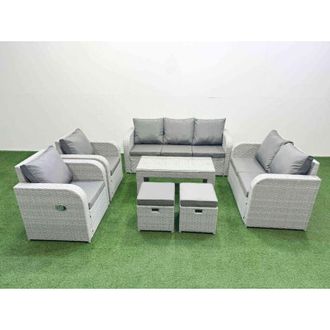 Fimous Pe Rattan Garden Furniture Set Adjustable Chair Sofa Double Love Seat 2 Seater Sofa Lounge Set Rectangular Coffee Table 2 Stools Light Grey - Fimous