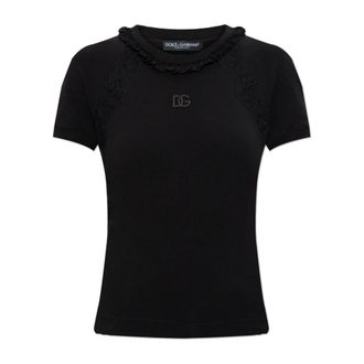 Dolce & Gabbana T-Shirts, female, Black, Size: 3XS Jersey t-shirt with lace and embroidery
