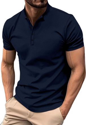Generic Men Short-Sleeved T-Shirts | Mens Waffle Solid Color Stand-Up Collar Button Top | Regular Fit Business Work Polo Tees | Light Moisture Wicking Sport T