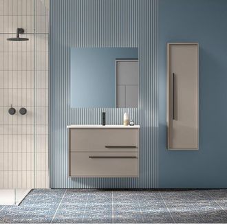 Saniclass Prime Essential Badkamermeubelset - 80x55x46cm - 1 rechthoekige wasbak wit - 1 kraangat - 2 lades - rechthoekige spiegel - taupe