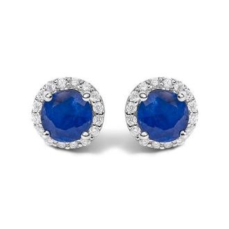 House of Brilliance 10K Gold Gemstone and 1/6 Cttw Diamond Halo Stud Earring in White | Blue Sapphire at Nordstrom