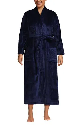 Lands End Cozy Plush Long Wrap Robe in Deep Sea Navy at Nordstrom, Size 1 X