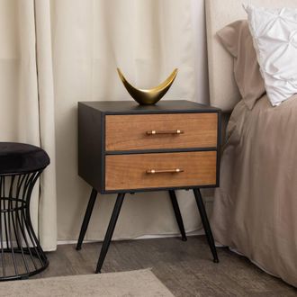 Melody Maison Mid-Century Modern Wood & Black 2 Drawer Bedside - Industrial Range