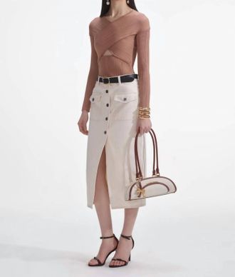 Self Portrait Ribbed Knit Wrap Top In Beige