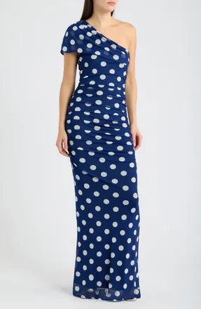Black Halo Rosario Polka Dot One-Shoulder Mesh Maxi Dress in Blue Moon at Nordstrom, Size 14