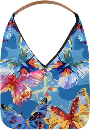 Generic Colored Butterflies Blue Background (4) Reusable Lightweight Grocery Bags - Foldable Into Compact Pouch, Washable & Sturdy, Multipurpose for Shopping 