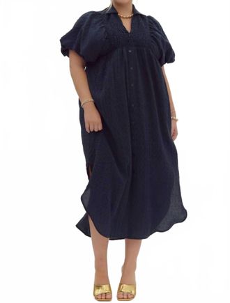Entro Textured Puff Sleeve Midi Dress - Plus In Navy