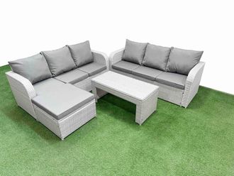 Fimous Outdoor Garden Furniture Sets 7 Seater Wicker Rattan Furniture Sofa Sets w/ Oblong Coffee Table high Back Lounge Sofa Big Footstool Light Grey