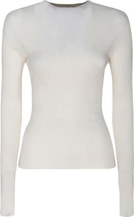 Lanvin Geribbelde Gebreide Kasjmier Sweater Top - Dames - Ronde hals truien - Wit - M - Kasjmier - Truien & Vesten