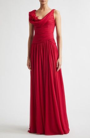 Carolina Herrera Floral Appliqu&eacute; Draped Silk Chiffon Gown in Cranberry at Nordstrom, Size 10