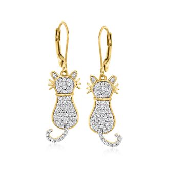 Ross-Simons White Topaz Cat Drop Earrings in 18kt Gold Over Sterling