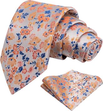 Alizeal Mens Floral Patterned Tie with Pocket Square Stylish Unique for Business Wedding Party Necktie Set, Orange+Royal Blue